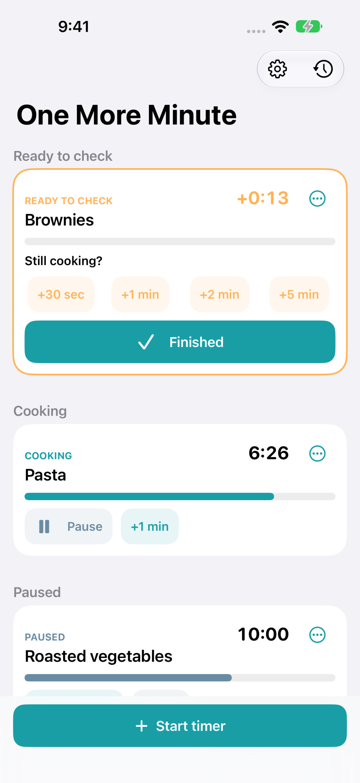 One More Minute kitchen timers with dishes ready to check